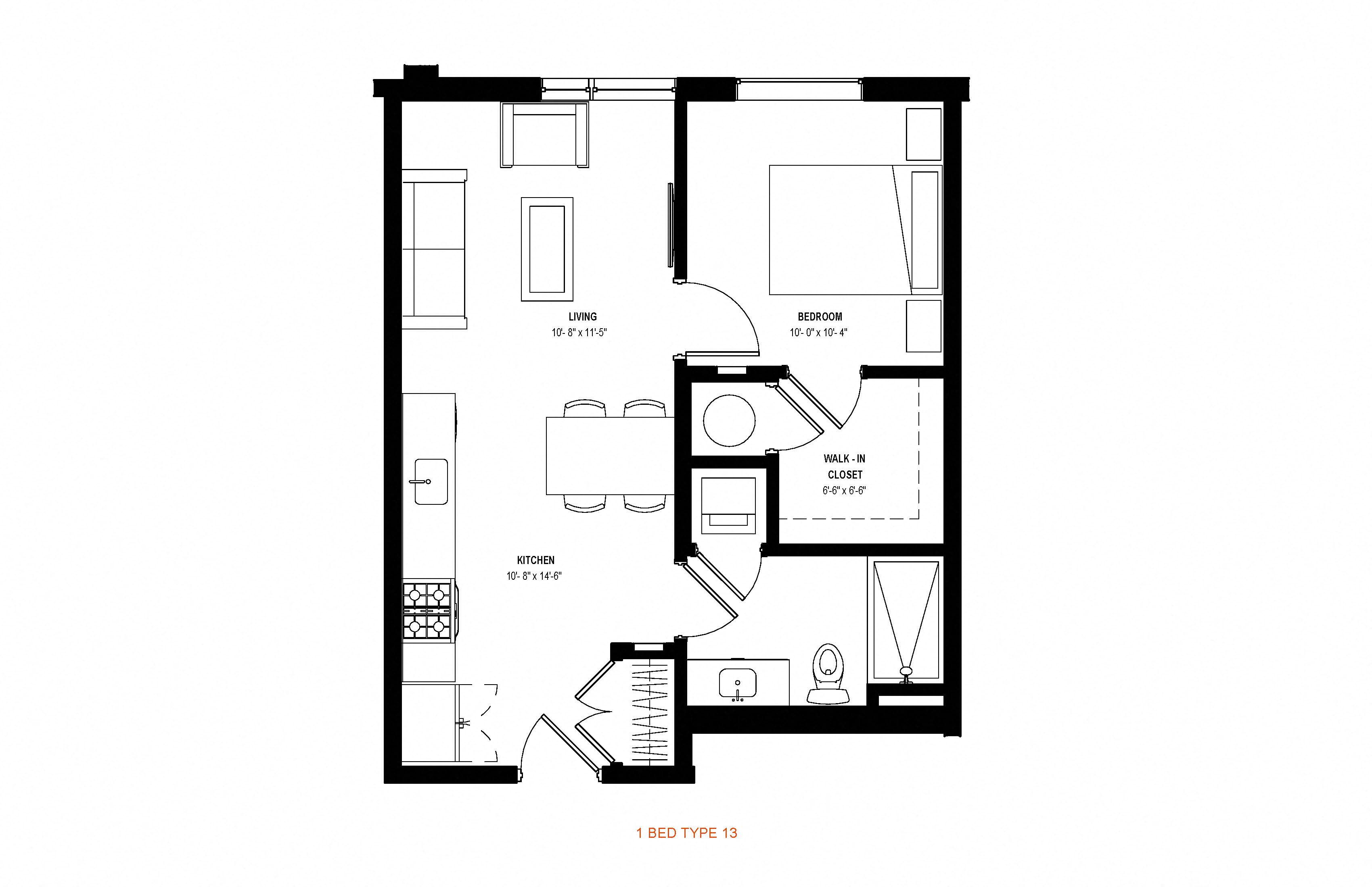 Floor plan for 1 bed, 1 bath, 568 sqft